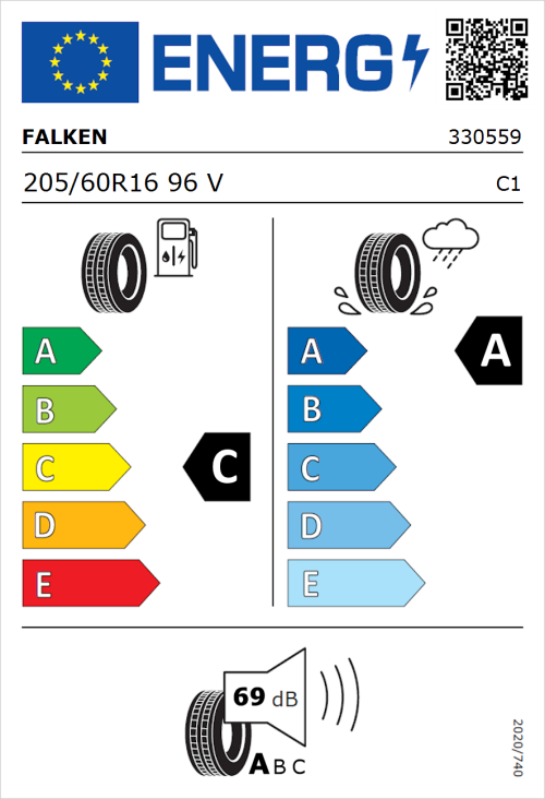 Tyre Label for Falken Ziex  ZE310 Ecorun 205/60R16 96V