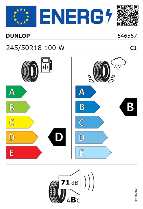 Tyre Label for Dunlop SP SPORTMAXX TT 245/50R18 100W