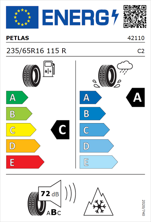 Tyre Label for Petlas Full Grip PT925 235/65R16 115R