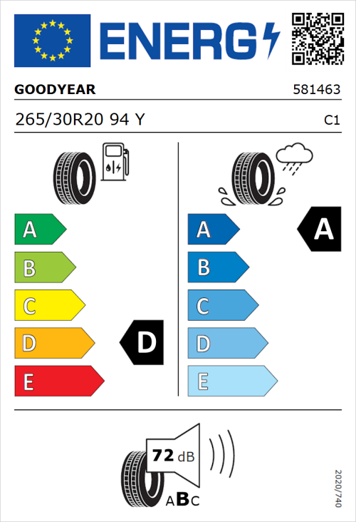 Tyre Label for Goodyear Eagle F1 SuperSport 265/30R20 94Y