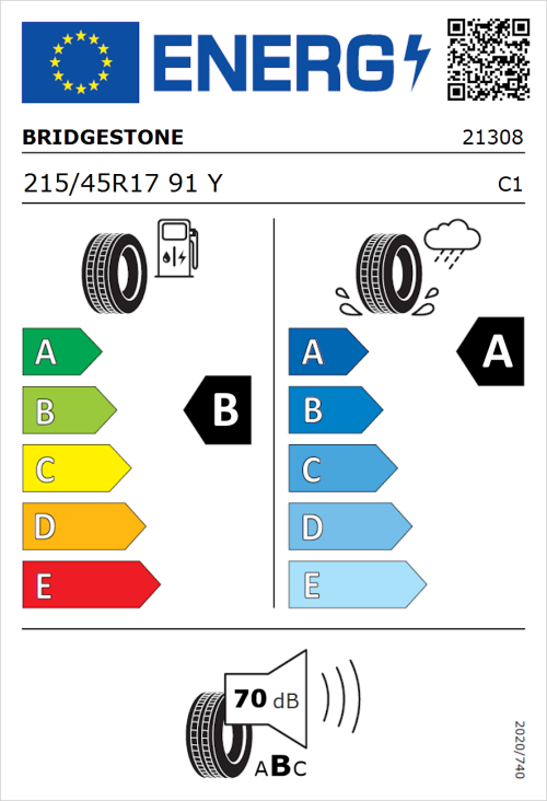 Tyre Label for Bridgestone Turanza 6 215/45R17 91Y