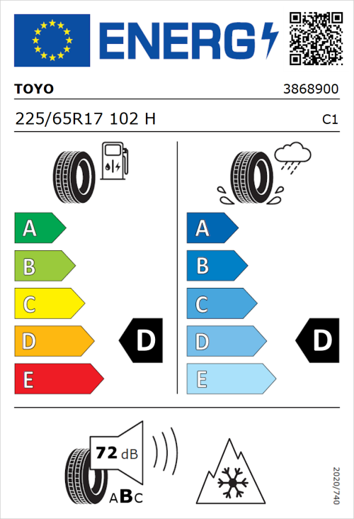 Tyre Label for Toyo Open Country ATIII 225/65R17 102H