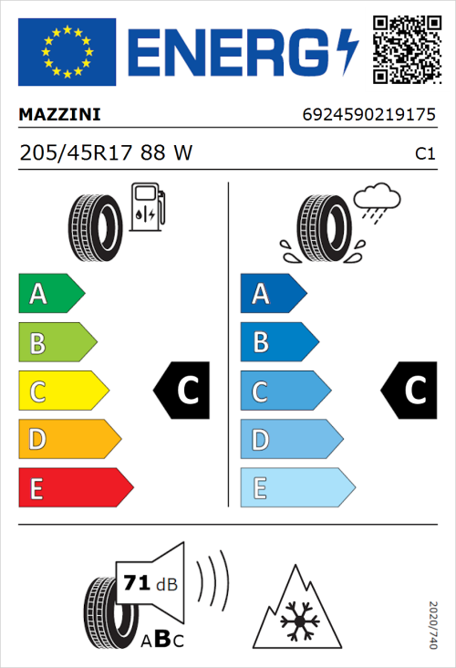 Tyre Label for Mazzini Versat-AS8 205/45R17 88W
