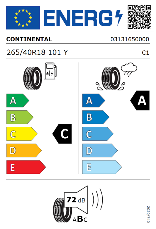 Tyre Label for Continental SportContact 7 265/40R18 101Y