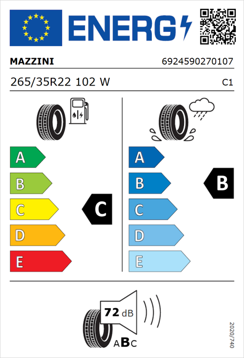 Tyre Label for Mazzini Eco 607 265/35R22 102W