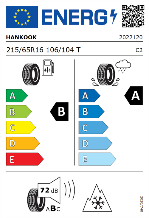 Tyre Label for Hankook Vantra Transit (RA58) 215/65R16 106/104T