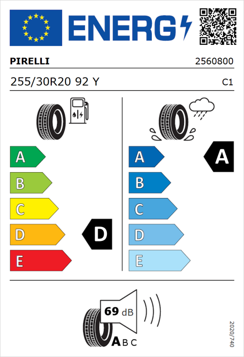Tyre Label for Pirelli P Zero Corsa 255/30R20 92Y