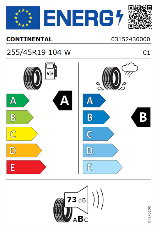 Tyre Label for Continental SportContact 7 255/45R19 104W