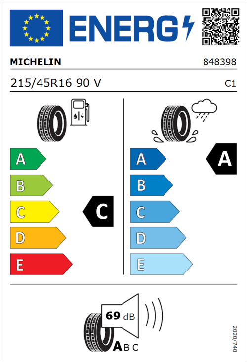 Tyre Label for Michelin Primacy 3 215/45R16 90V